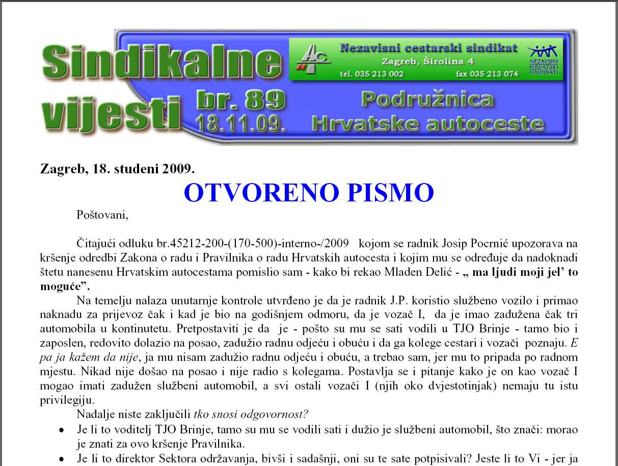 Otvoreno pismo Anđelka Kasunića Upravi HAC-a