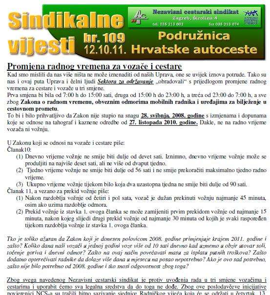 Sindikalne vijesti br. 109