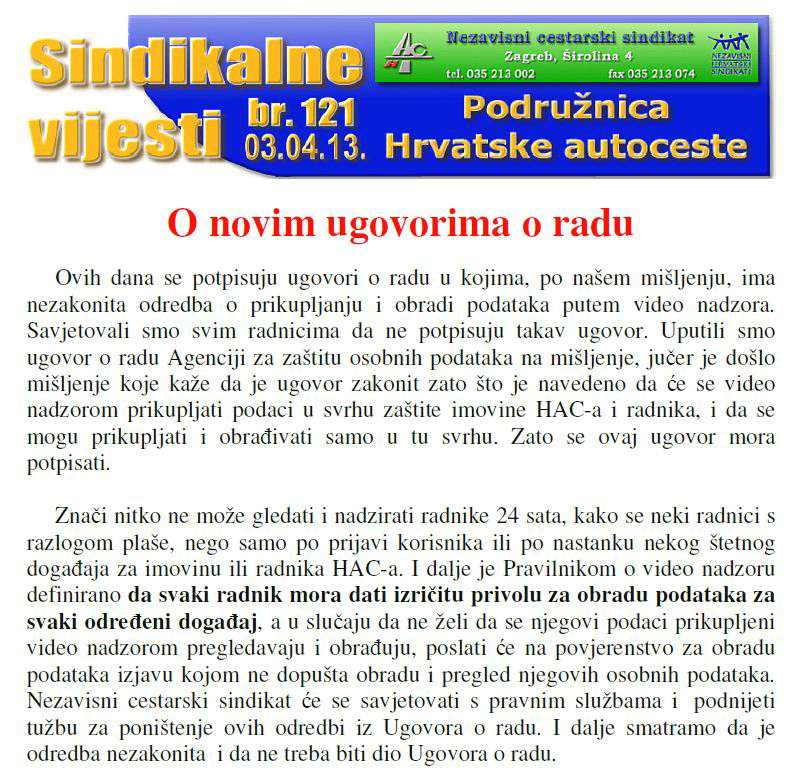 Iz Sindikalnih vijesti br. 121: O novim ugovorima o radu
