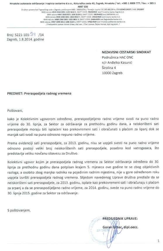 Odgovor Uprave HAC ONC-a na zahtjev Sindikata za rješavanjem sati preraspodjele u skladu s Kolektivnim ugovorom