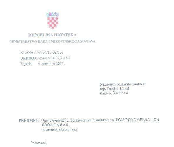 Upis NCS-a u evidenciju reprezentativnih sindikata za EGIS ROAD OPERATION CROATIA d.o.o.