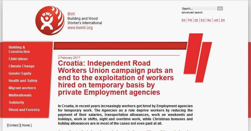 Croatia: Independent Road Workers Union campaign puts an end to the exploitation of workers hired on temporary basis by private Employment agencies