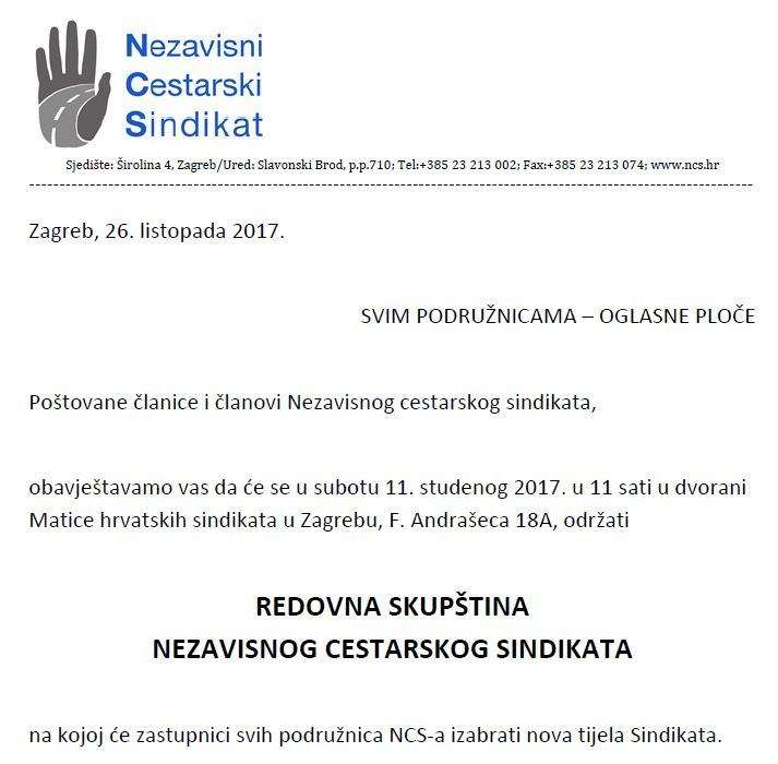 Obavijest o Redovnoj skupštini Nezavisnog cestarskog sindikata