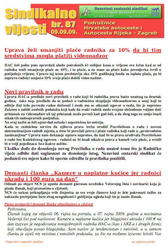Sindikalne vijesti br. 87: Uprava želi smanjiti plaće radnika za 10% da bi tim sredstvima mogla platiti videonadzor