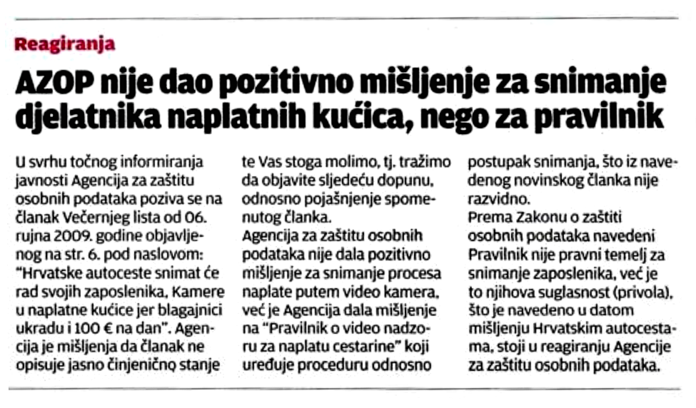 Večernji list objavio demanti iz Agencije za zaštitu osobnih podataka