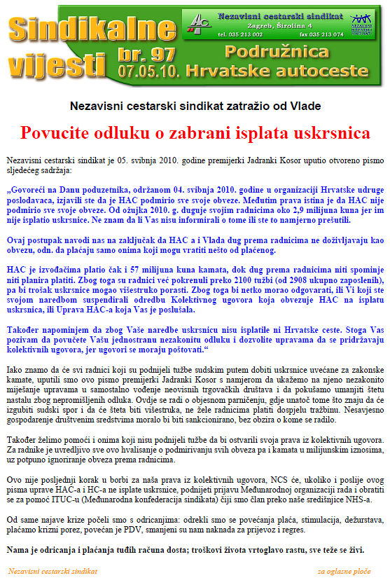 Nezavisni cestarski sindikat zatražio od Vlade: Povucite odluku o zabrani isplata uskrsnica