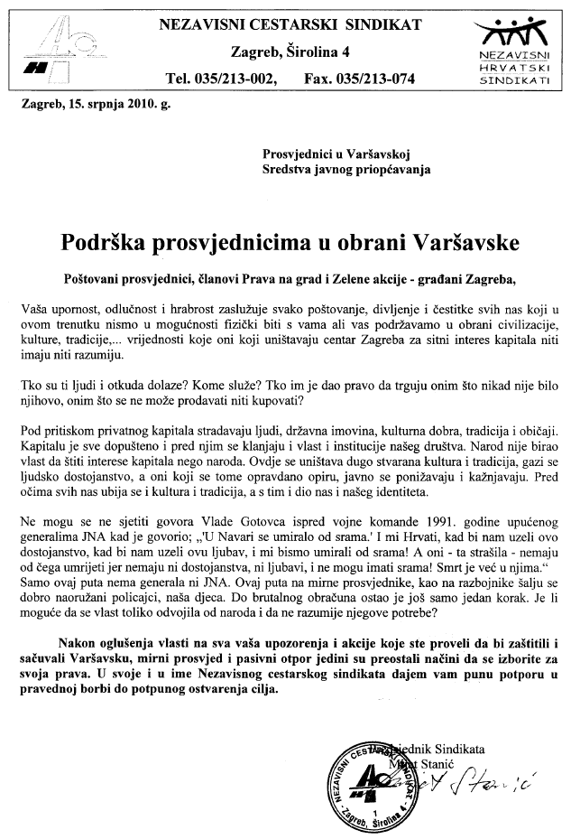 Podrška prosvjednicima u obrani Varšavske 