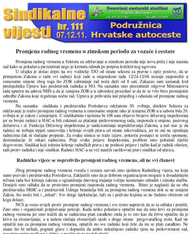 Sindikalne vijesti br. 111