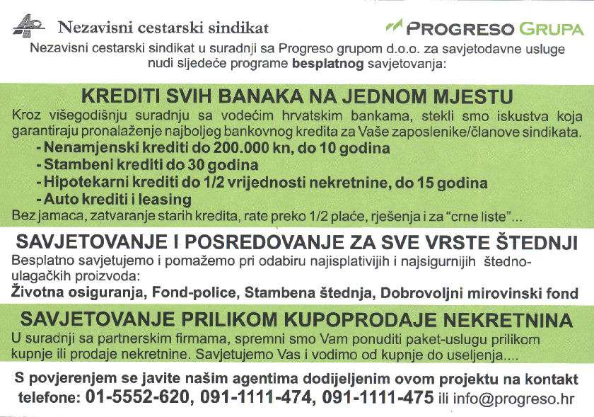 Obavijest članovima Nezavisnog cestarskog sindikata