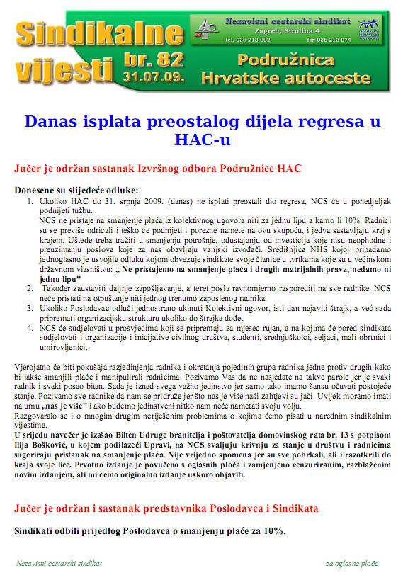 Danas isplata preostalog dijela regresa u HAC-u
