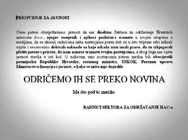HAC: Radnici se javno odriču direktora