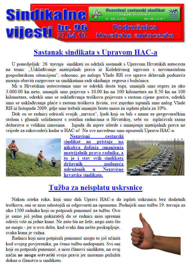 NCS u HAC-u: Nikakva daljnja smanjenja materijalnih prava, za neisplatu uskrsnice - tužbe