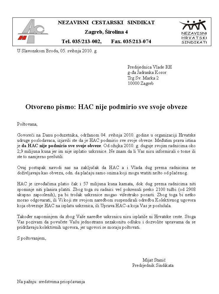 Otvoreno pismo predsjednici Vlade: HAC nije podmirio sve svoje obveze