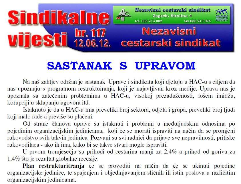 Sastanak sindikata koji djeluju u HAC-u s Upravom