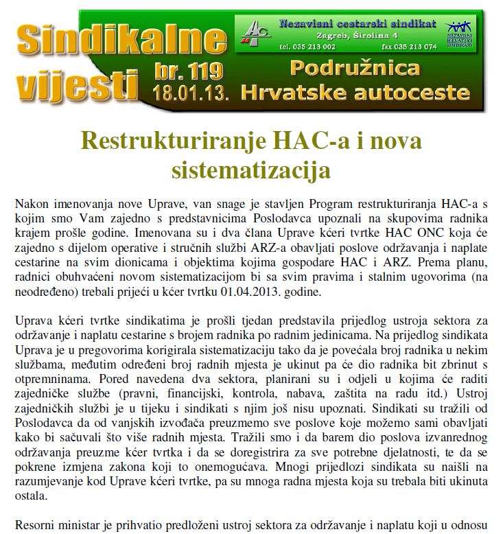 Restrukturiranje HAC-a i nova sistematizacija