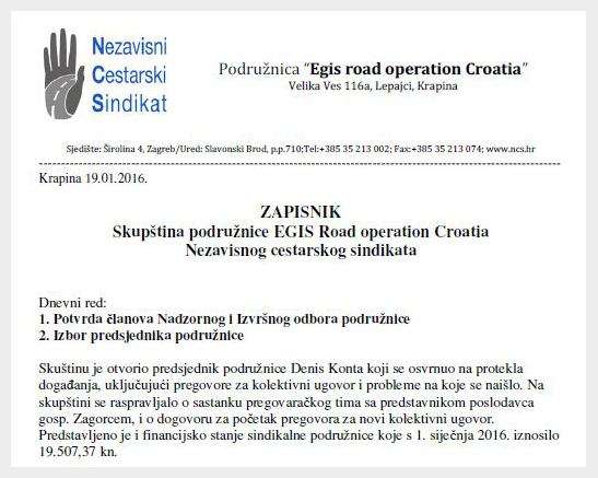 Održana Skupština podružnice EGIS Road operation Croatia  Nezavisnog cestarskog sindikata