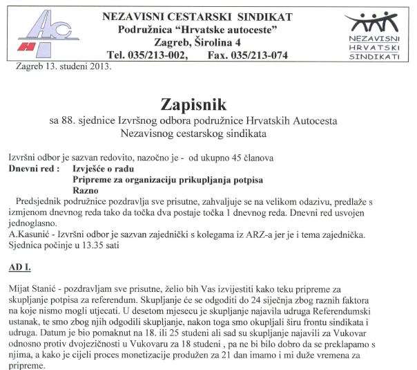 Zapisnik sa 88. sjednice Izvršnog odbora podružnice Hrvatskih Autocesta Nezavisnog cestarskog sindikata