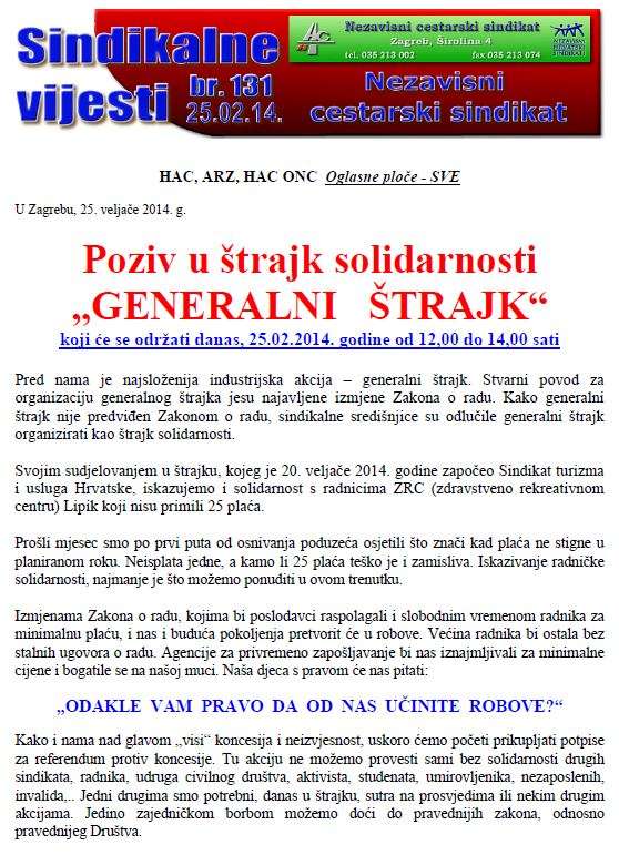 Poziv u štrajk solidarnosti „GENERALNI   ŠTRAJK“